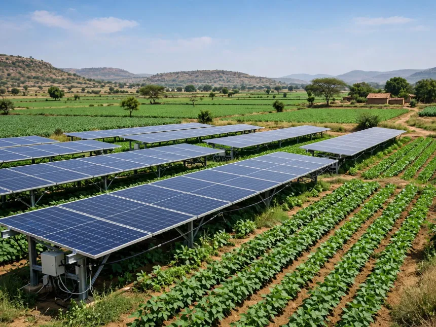 Solar panels installed across a green agricultural field, illustrative photograph