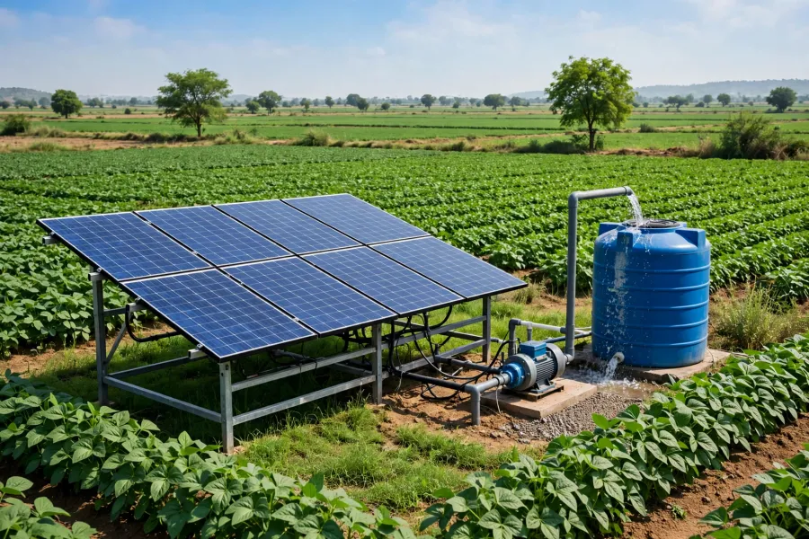 Solar panels in a rural agricultural field, illustrative photograph