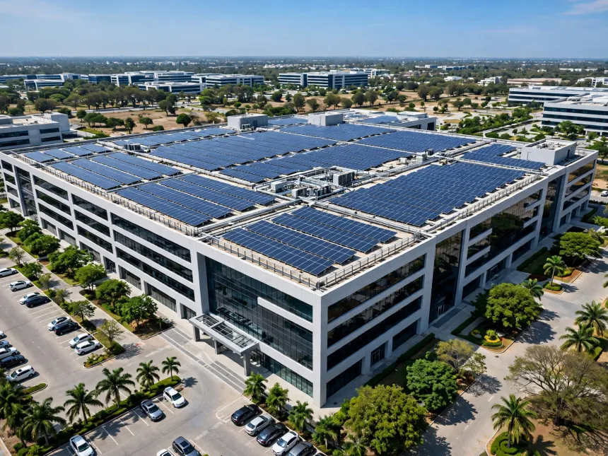 Solar panels at a modern commercial building at sunset, illustrative photograph