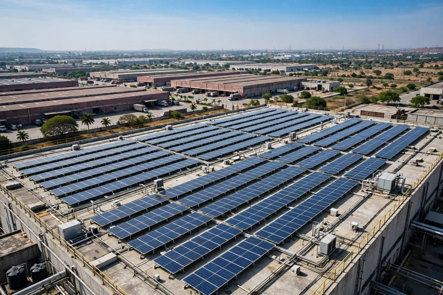 Aerial view of solar panels on a large commercial rooftop, illustrative photograph