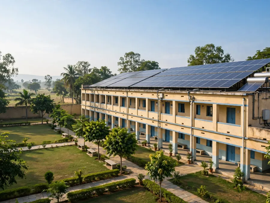 Solar panels installed on a school building rooftop, illustrative image