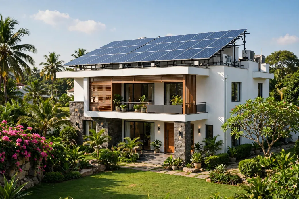 Rooftop solar panels on a house, illustrative photograph