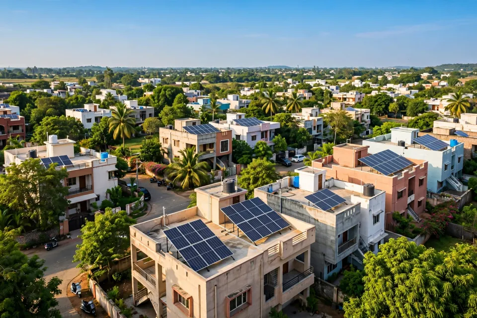Solar panels in front of a modern building at sunset, illustrative photograph