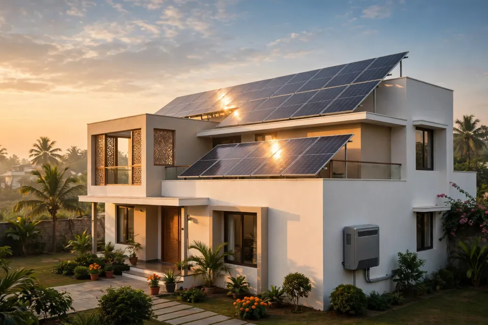 Illustrative solar home at sunrise with rooftop panels, not a client project photo