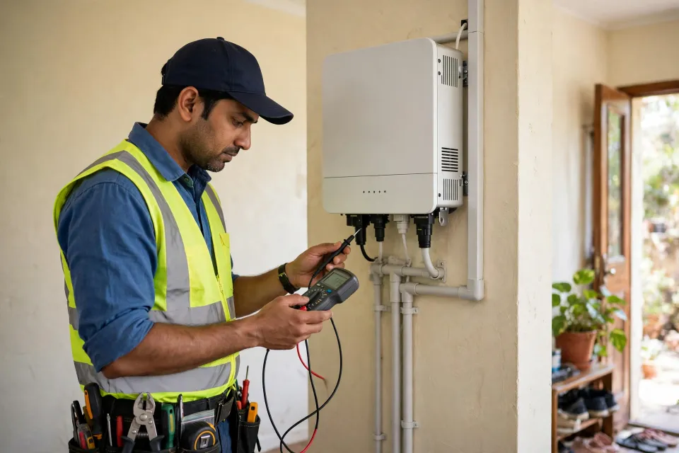 Technician wearing gloves installing a rooftop solar panel, illustrative photograph
