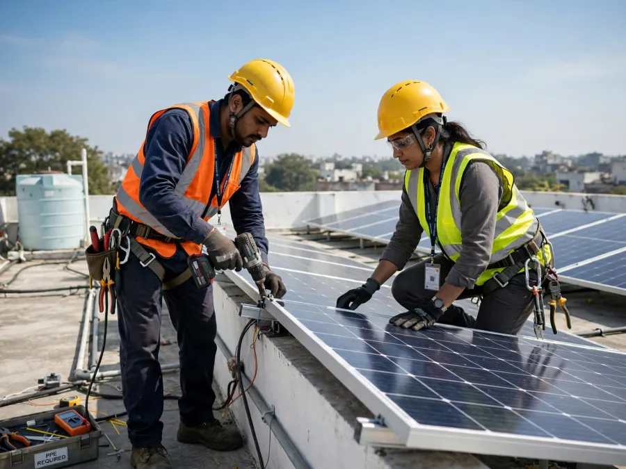 Technician installing a solar panel on a rooftop, illustrative photograph