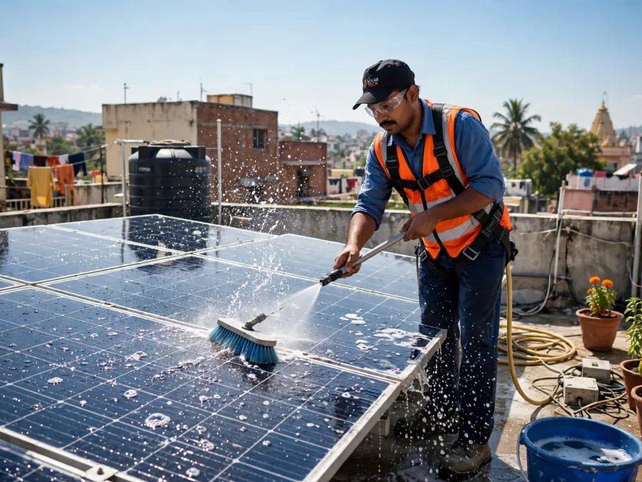 Technician cleaning solar panels on a rooftop, illustrative photograph