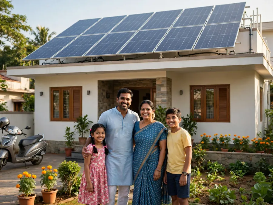 Rooftop solar panels on a house in India, illustrative photograph