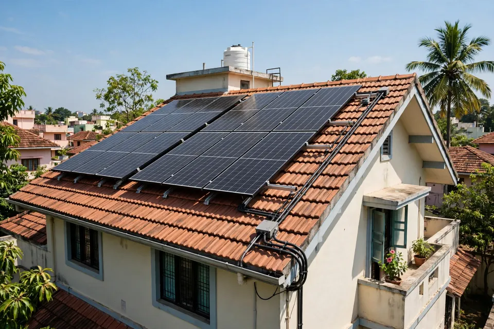Residential rooftop solar installation in sunlight, illustrative photograph