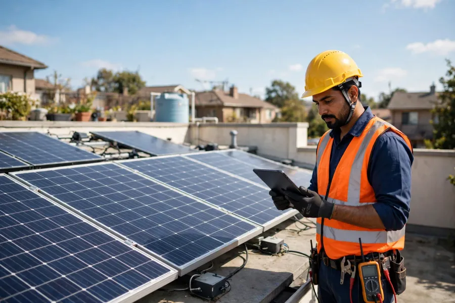 Close-up of rooftop solar panels on a tiled house roof, illustrative photograph