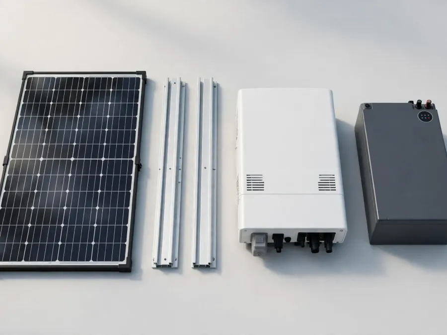 Solar inverter, battery and system components on display, illustrative image
